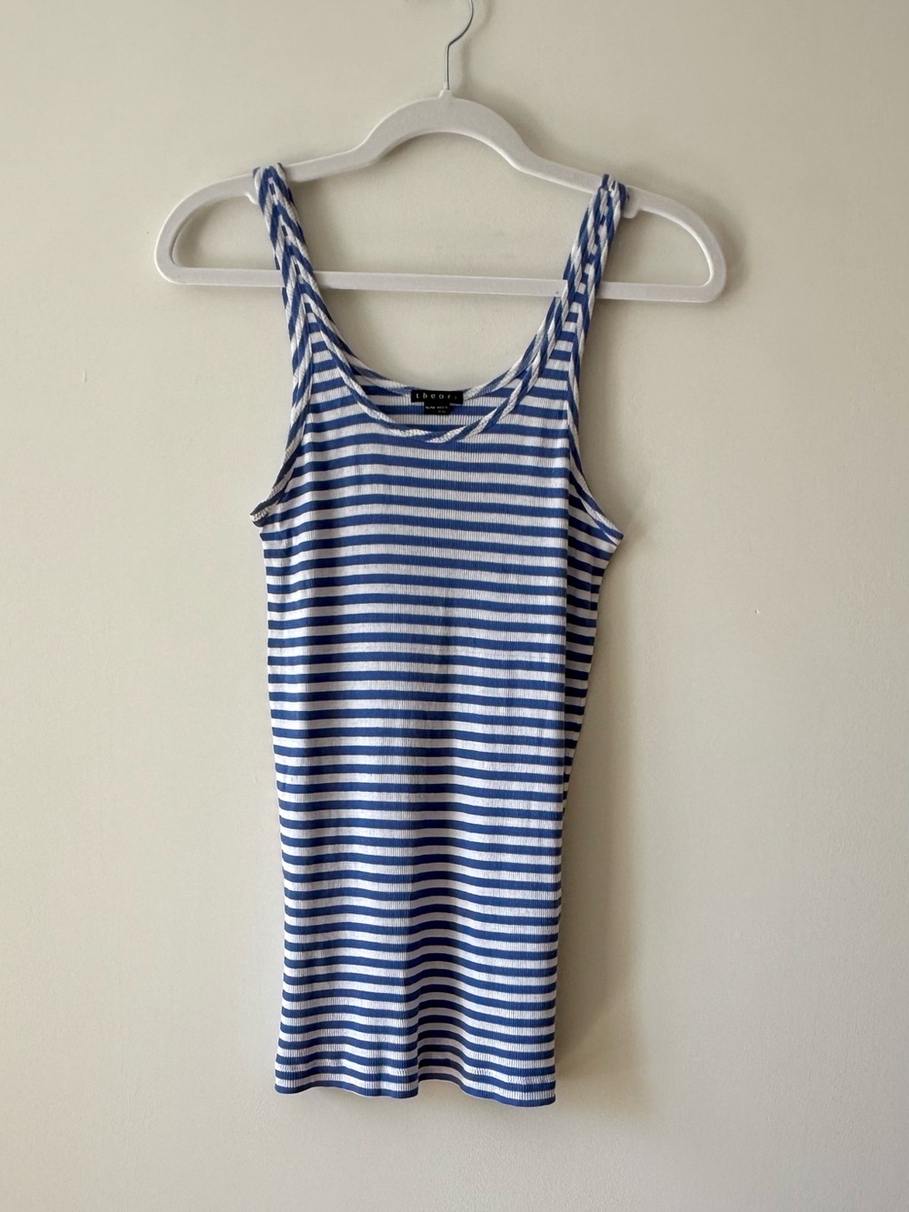 Theory Blue White Striped Ribbed Tank Top | Premium Cotton | Size M